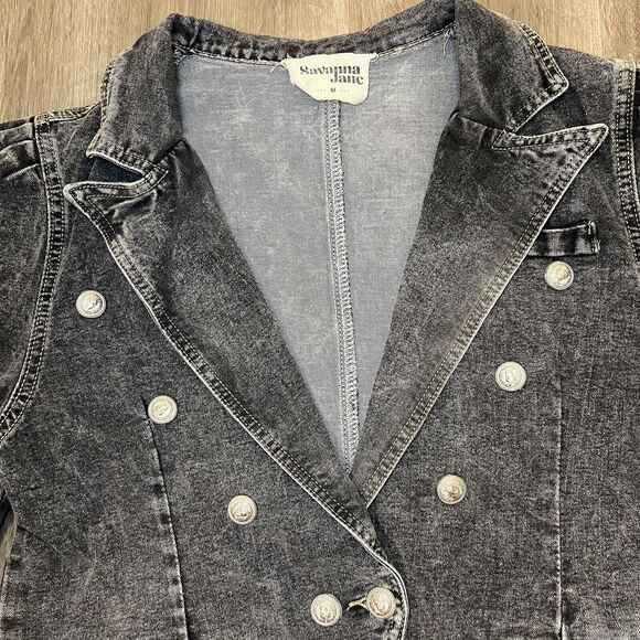 Boutique Collared Denim Jacket Military Puffed Sleeves With Buttons In Charcoal - Picture 3 of 8
